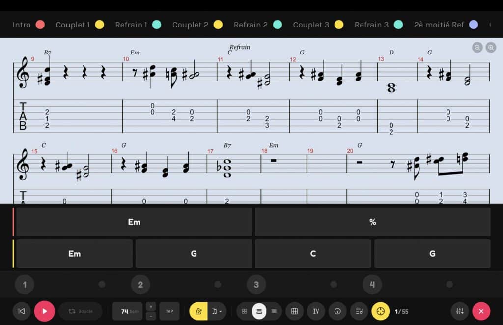 Lecteur d'Art du Son Studio sur ordinateur : partition, tablature, parties du morceau et grille d'accords