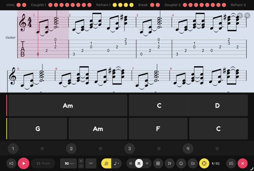 Partition et tablature de guitare avec la grille d'accords dans le lecteur d'Art du Son Studio