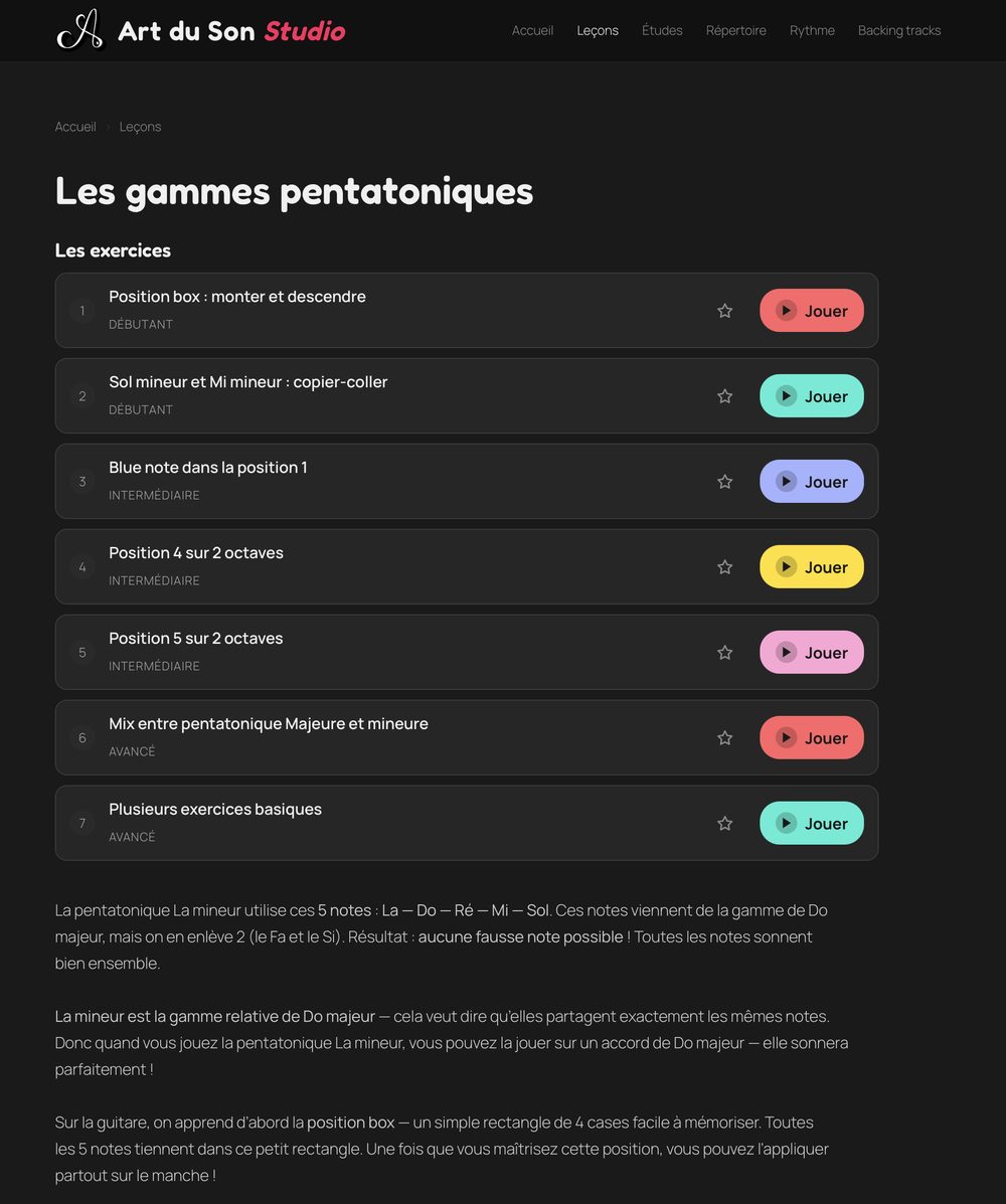 Leçon « Les gammes pentatoniques » d'Art du Son Studio sur tablette, avec les exercices par niveau